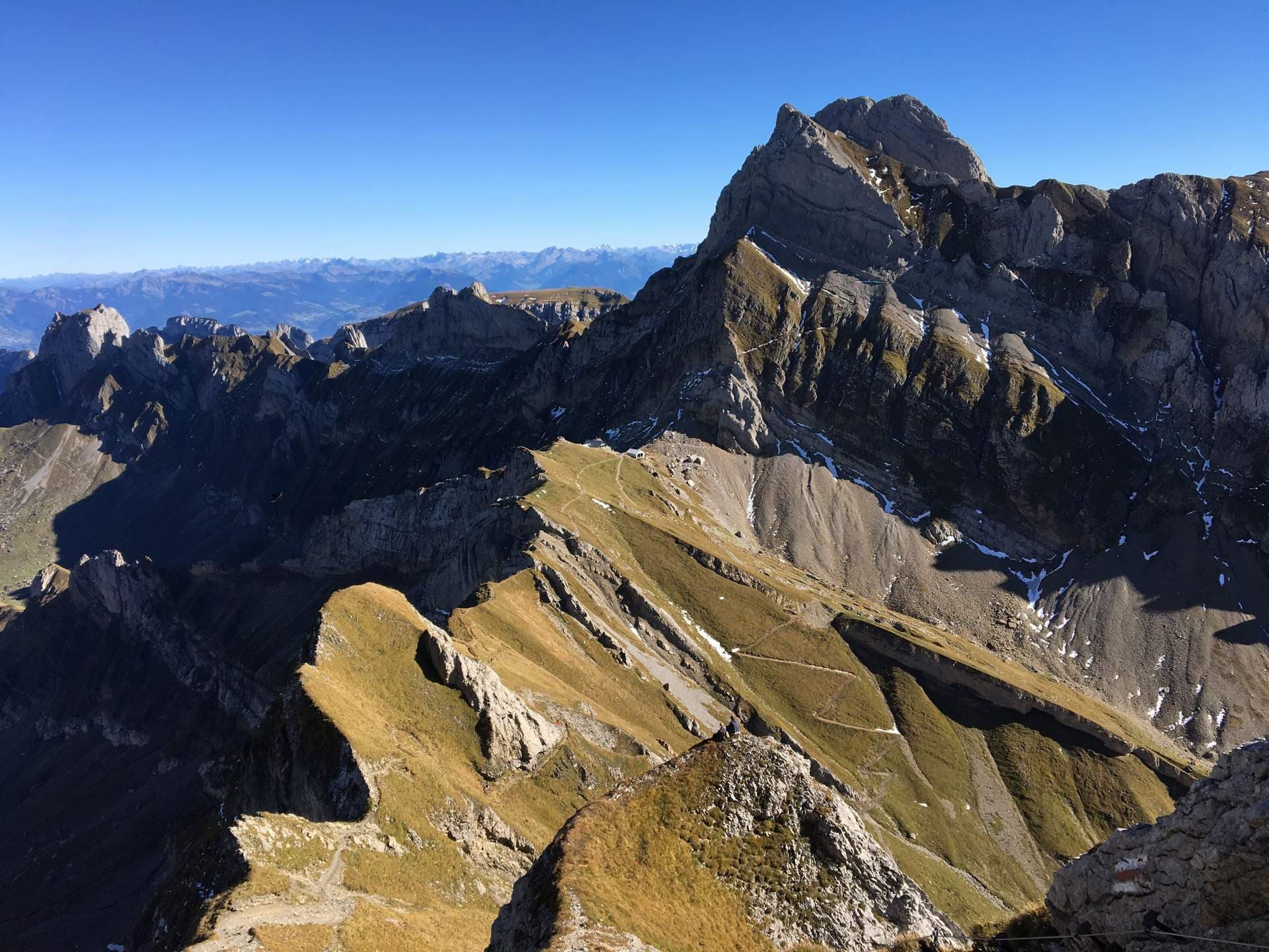 Large vallée suisse avec une chaîne de montagnes en arrière-plan